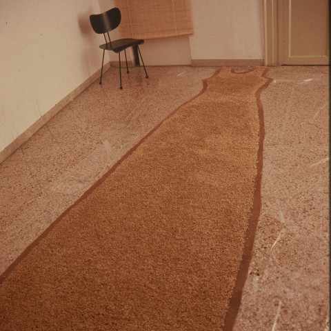 Au pays des hommes-fleuve - Un abito colore di campo, 1999 | Semi di grano germogliato, gommapiuma, acqua (150x250 cm)