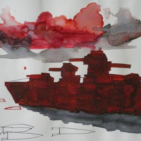 Isola/Esodo/Esilio | Battaglia navale, 2011/12. Disegni con inchiostri Ecoline e inchiostra di China su carta (42x55 cm cad.).