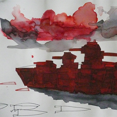 Isola/Esodo/Esilio | Battaglia navale, 2011/12. Disegni con inchiostri Ecoline e inchiostra di China su carta (42x55 cm cad.).