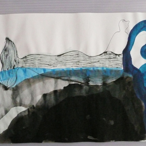 Isola/Esodo/Esilio | Eaux-vives, 2008. Inchiostro di China e pittura acrilica su carta (30x42cm ch.).