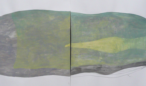 Isola/Esodo/Esilio | Verso il Grande Mare, 2013. Disegni all’inchiostro di China e pittura acrilica su carta Fabriano 50x140cm, in 2 parti.