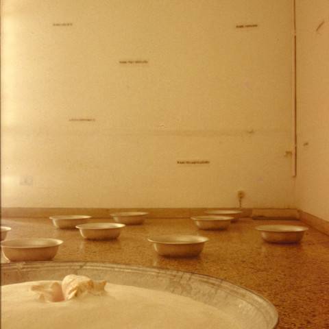 Sirene - Doux piège, 1997. Conchiglia, farina e borotalco, tub (100x40cm).